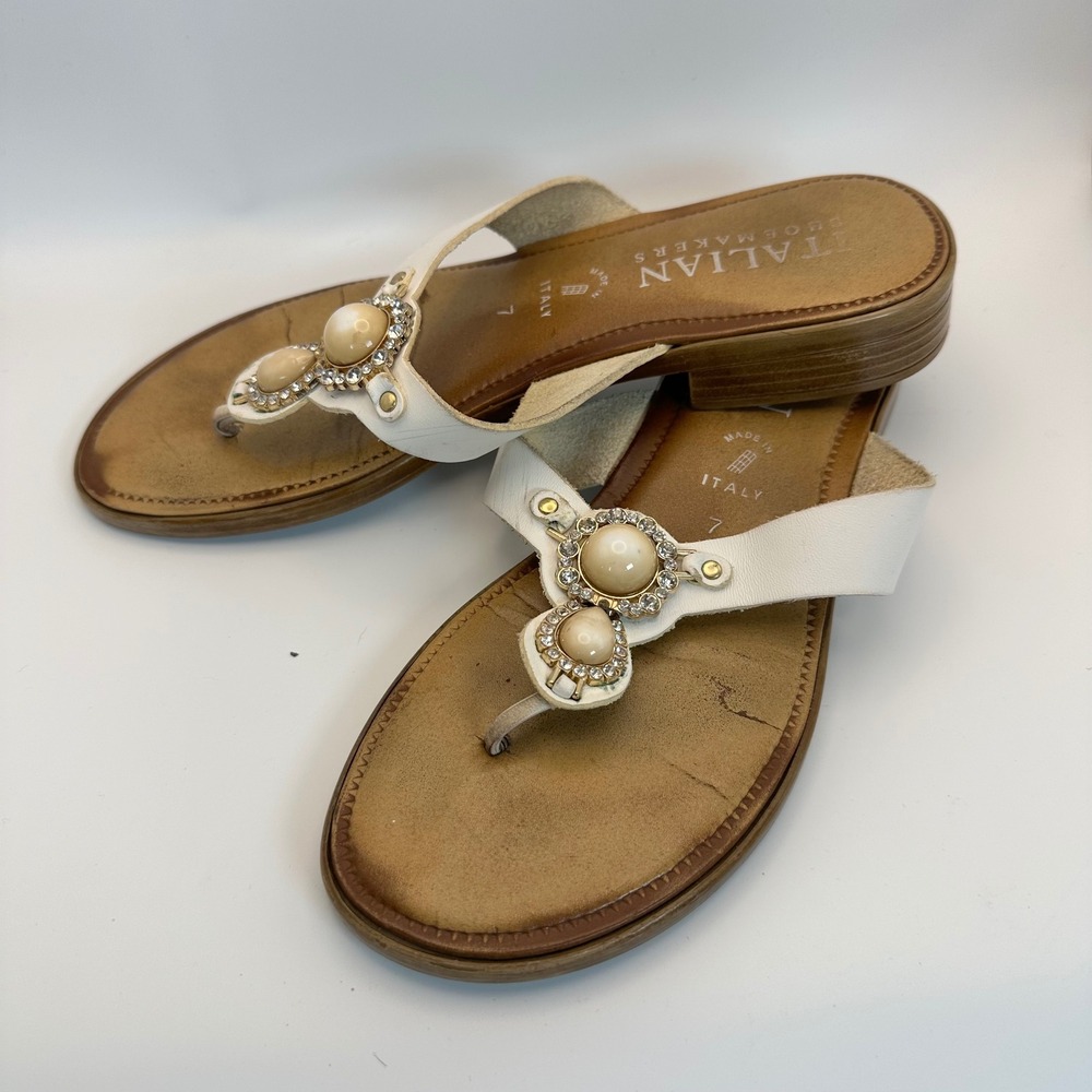 Italian Shoemakers Sandals Women 7 White Pearl‎ Rhinestone Coastal Boho